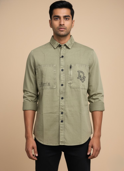 Men’s Olive Green Utility Denim Washed Shirt – Streetwear Edition