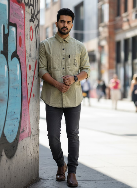 Men’s Olive Green Utility Denim Washed Shirt – Streetwear Edition