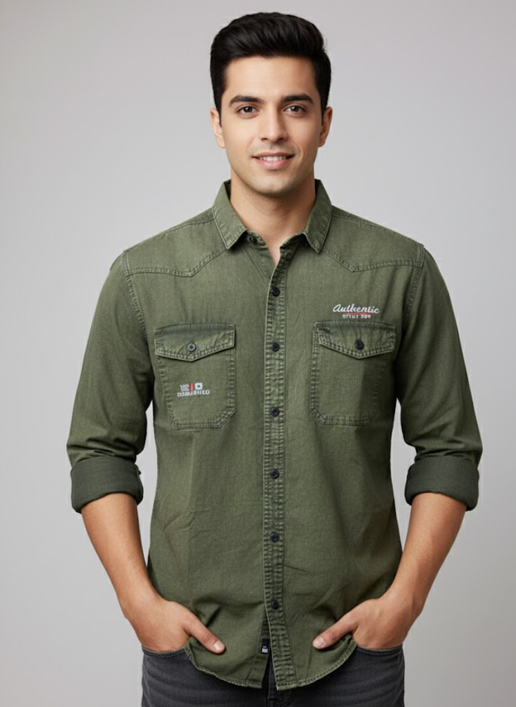 Men’s Olive Green Denim washed Shirt