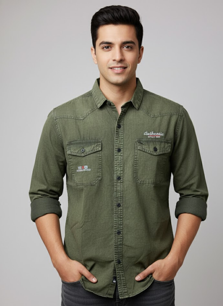 Men’s Olive Green Denim washed Shirt