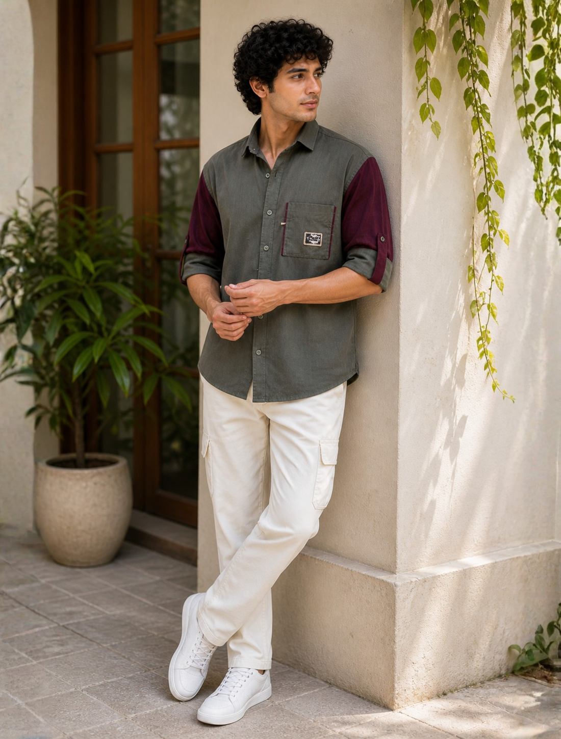 Men’s Dual Tone Casual Olive Green with Maroon Sleeves Shirt
