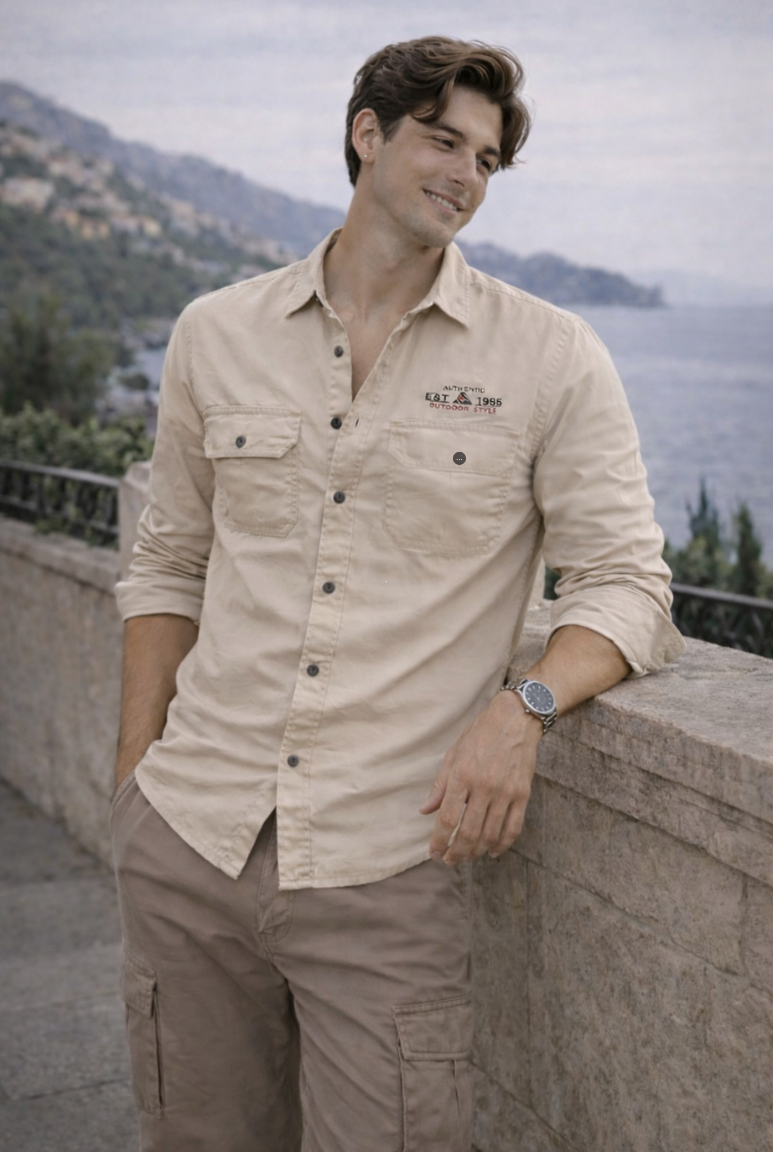 Men’s Beige Utility Cotton Shirt – Slim Fit Casual Outdoor Wear