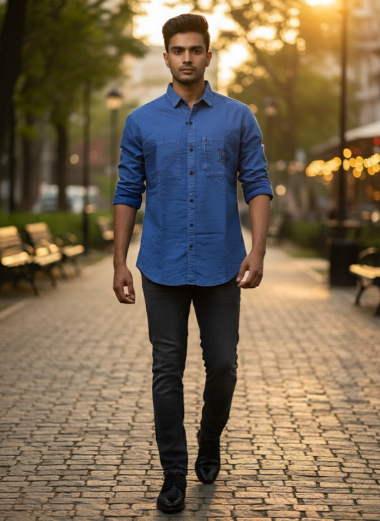 Men’s Indigo Blue Utility Denim Washed Shirt – Bold Classic Edition