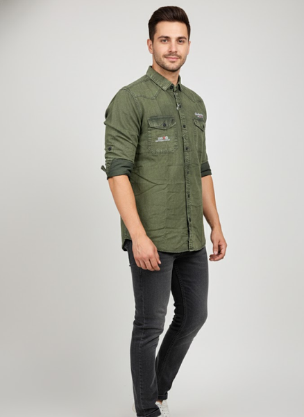 Men’s Olive Green Denim washed Shirt