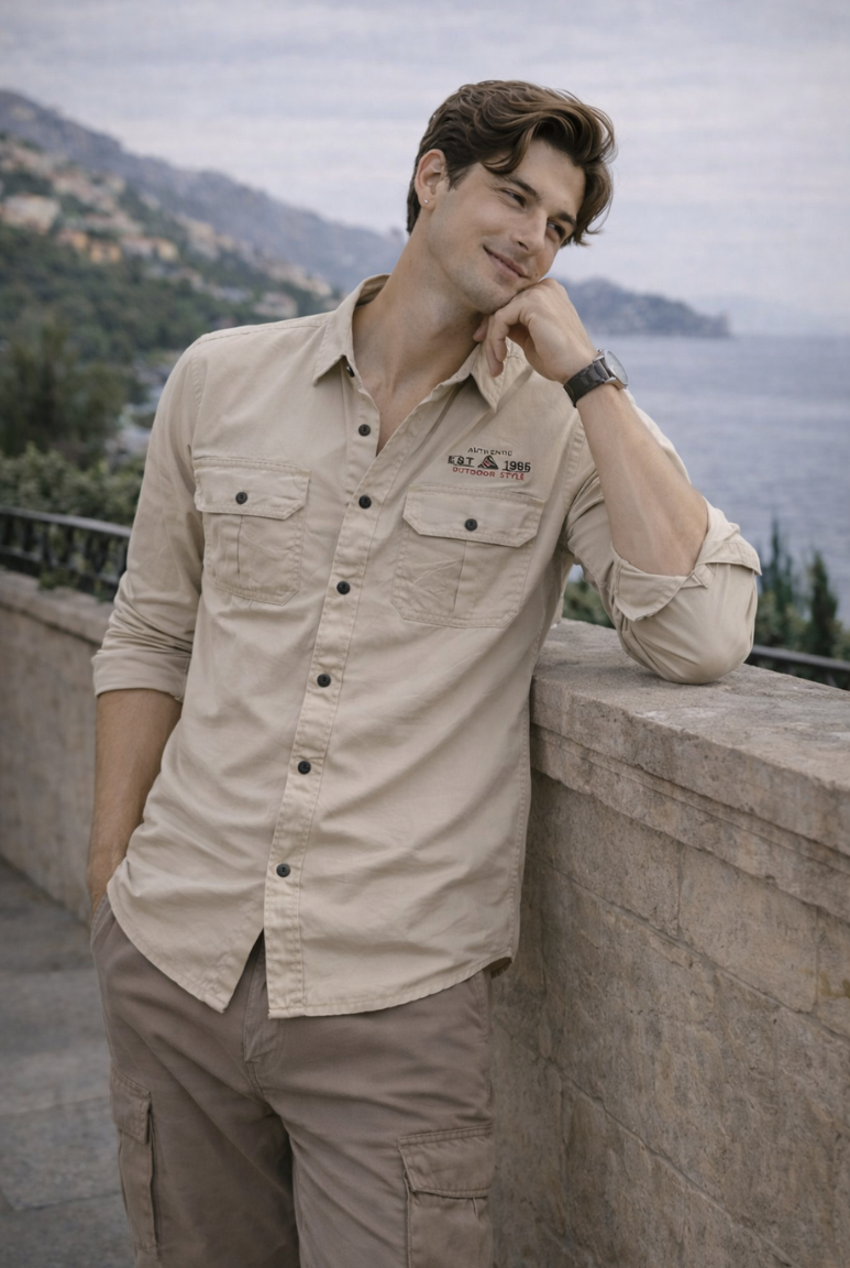 Men’s Beige Utility Cotton Shirt – Slim Fit Casual Outdoor Wear