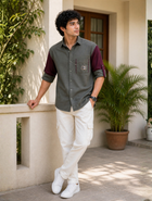 Men’s Dual Tone Casual Olive Green with Maroon Sleeves Shirt