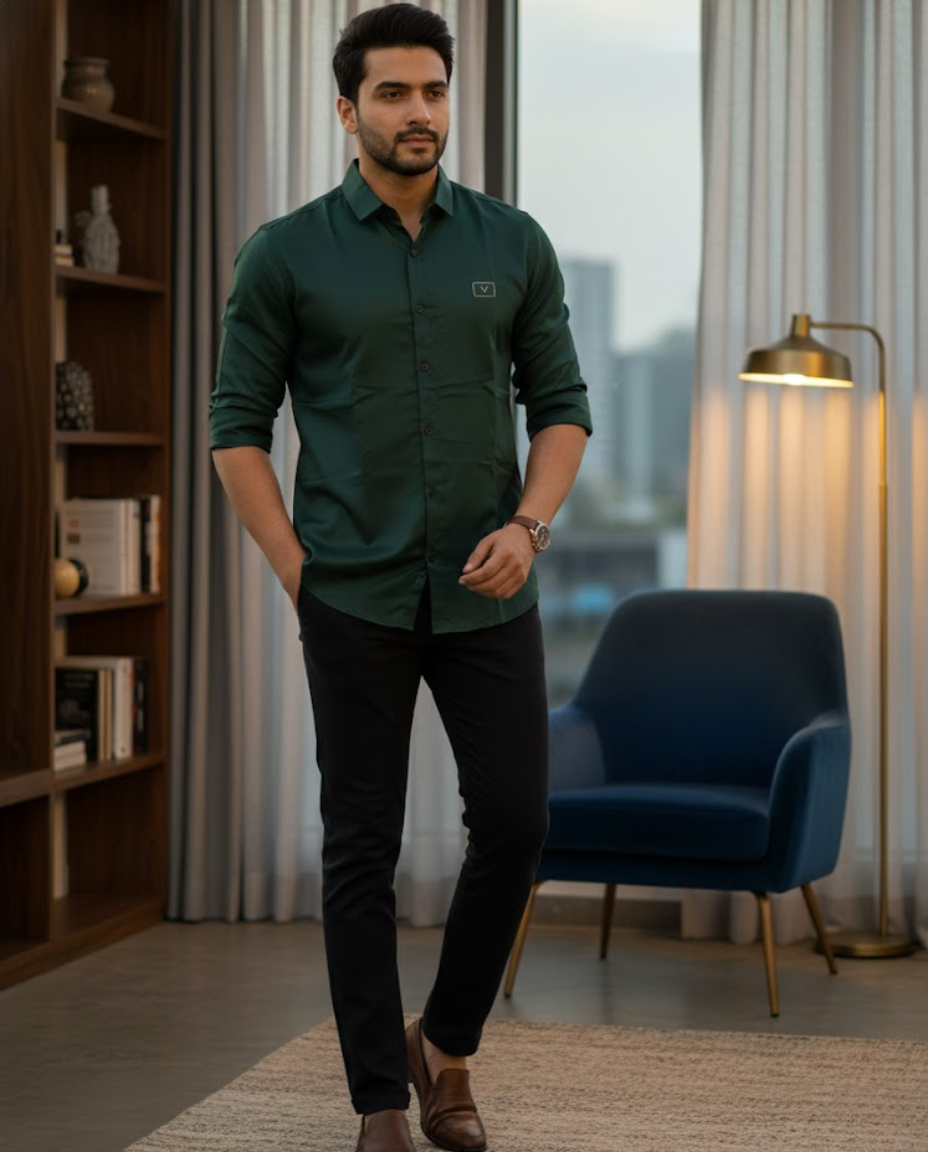 Men’s Emerald Green Satin Shirt with Sleek Modern Fit
