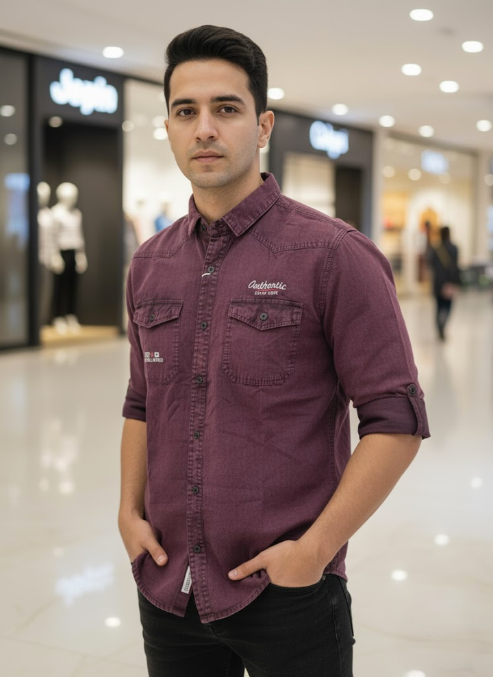 Men’s Maroon Denim Washed Cotton Shirt