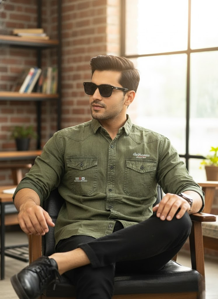 Men’s Olive Green Denim washed Shirt