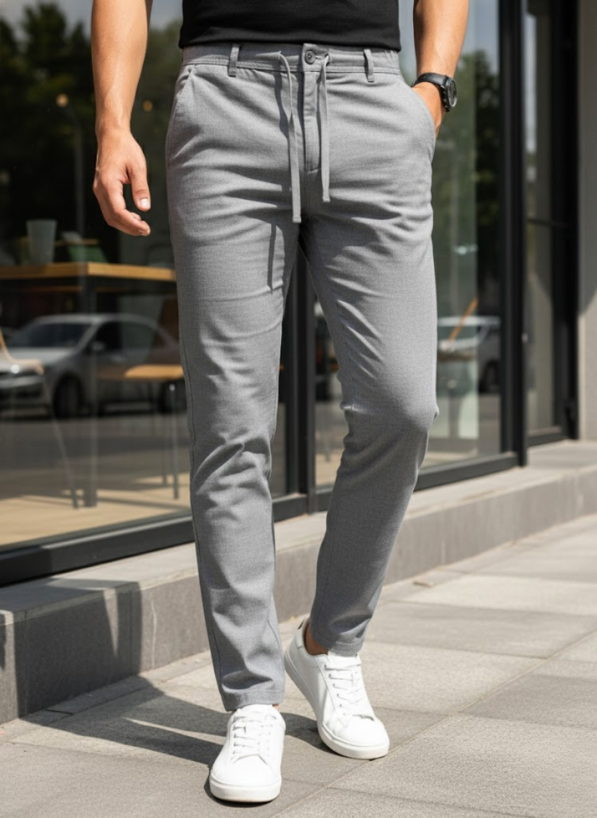 Men’s Light Grey Drawstring Slim Fit linen Trouser