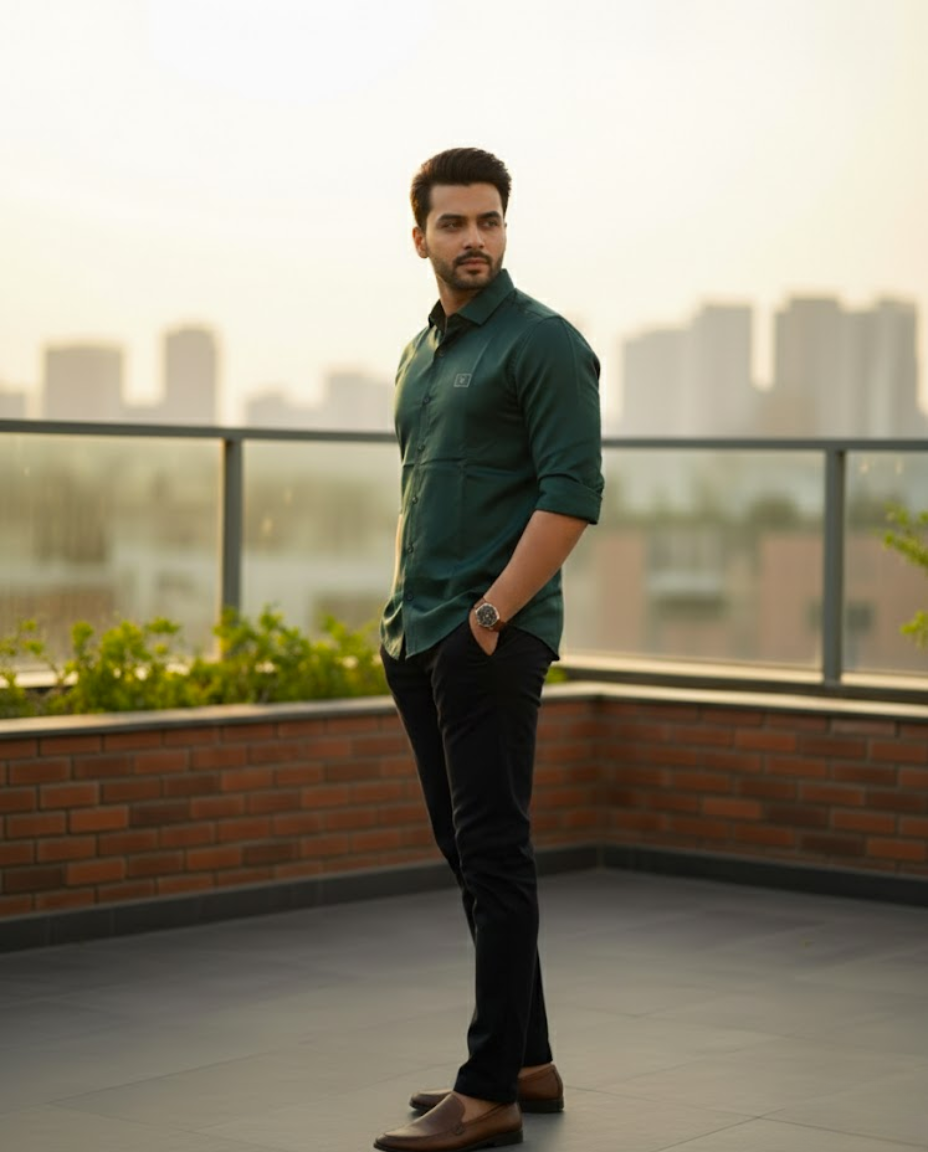 Men’s Emerald Green Satin Shirt with Sleek Modern Fit