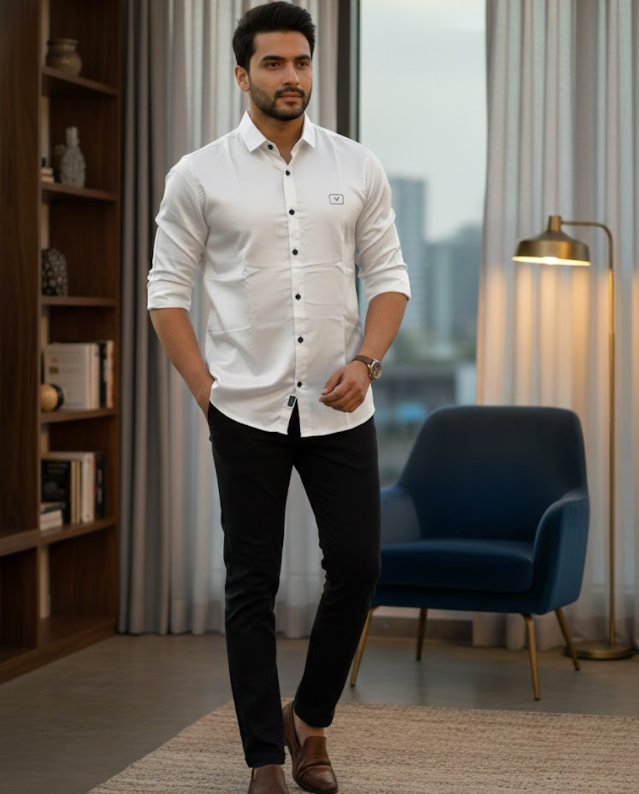 Men’s White Satin Solid Shirt with Luxe Finish