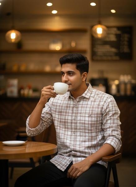 Men’s Light Brown Lycra Check Shirt – Street Casual Edition