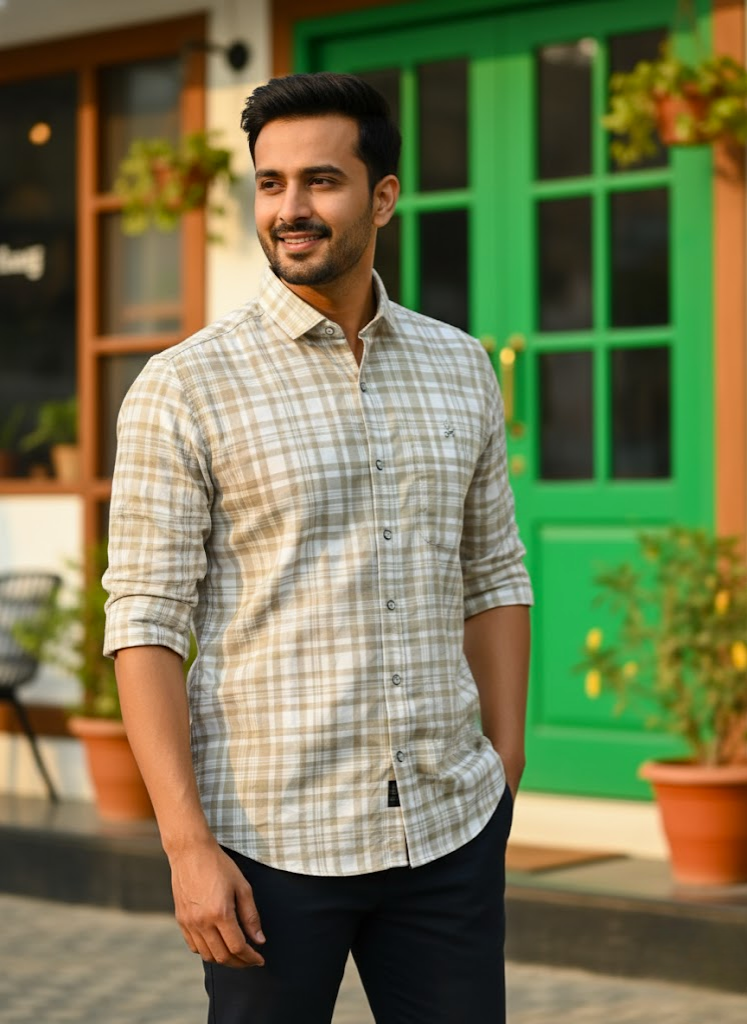 Men’s Beige Lycra Check Shirt – Everyday Café Edition
