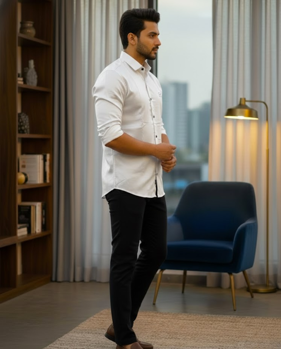 Men’s White Satin Solid Shirt with Luxe Finish