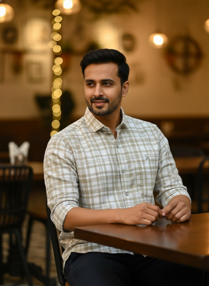 Men’s Beige Lycra Check Shirt – Everyday Café Edition