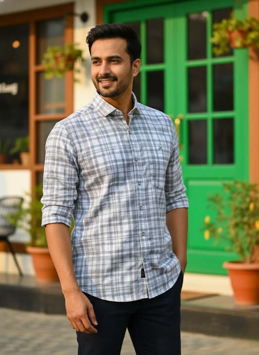 Men’s Grey Lycra Check Shirt – Modern Work Casual Edition