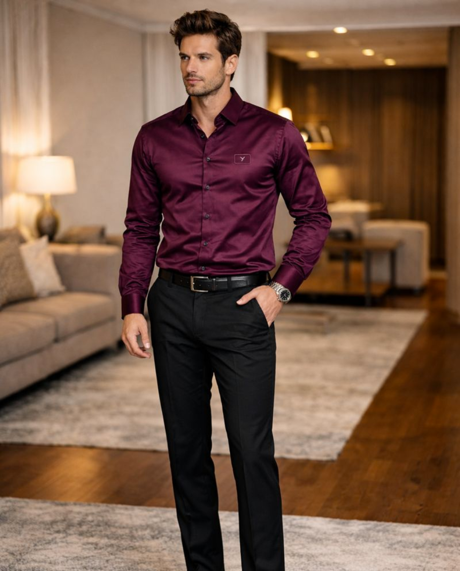 Men’s Maroon Satin Shirt with Luxe Sheen & Tailored Fit