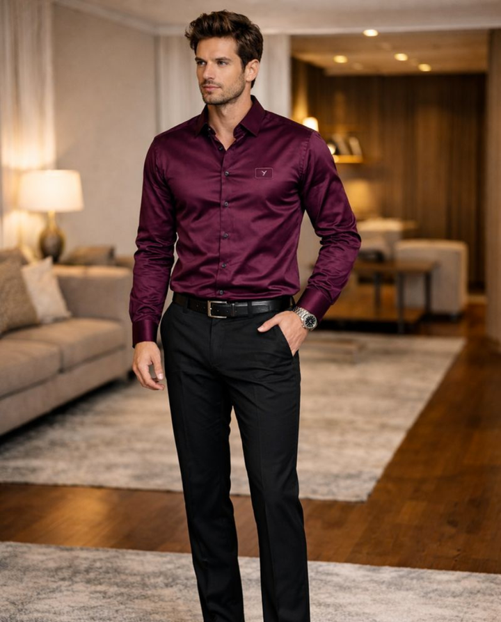 Men’s Maroon Satin Shirt with Luxe Sheen & Tailored Fit
