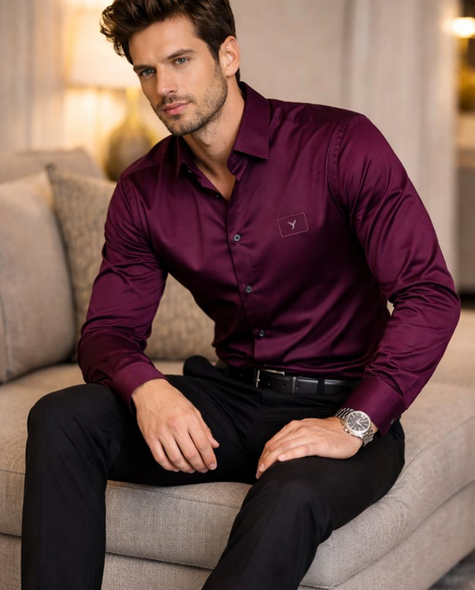 Men’s Maroon Satin Shirt with Luxe Sheen & Tailored Fit