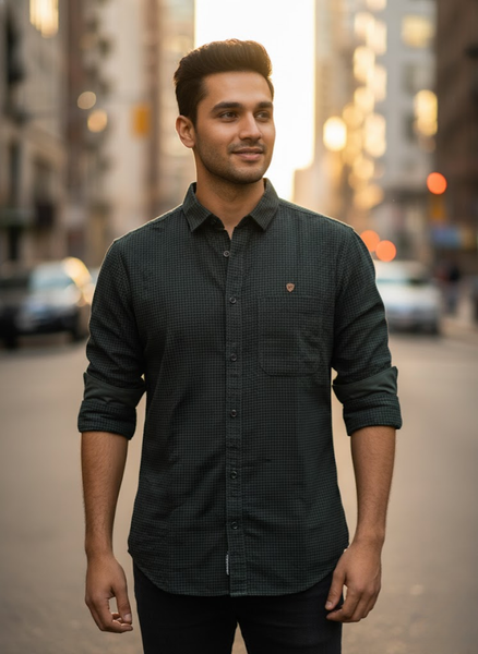 Men’s Deep Green Micro-Check Shirt – Urban Evening Edition