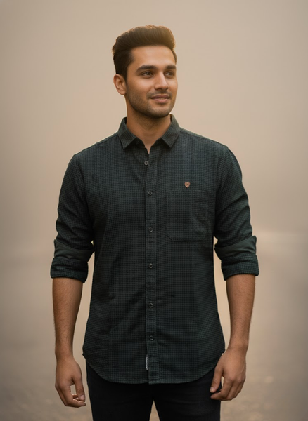 Men’s Deep Green Micro-Check Shirt – Urban Evening Edition