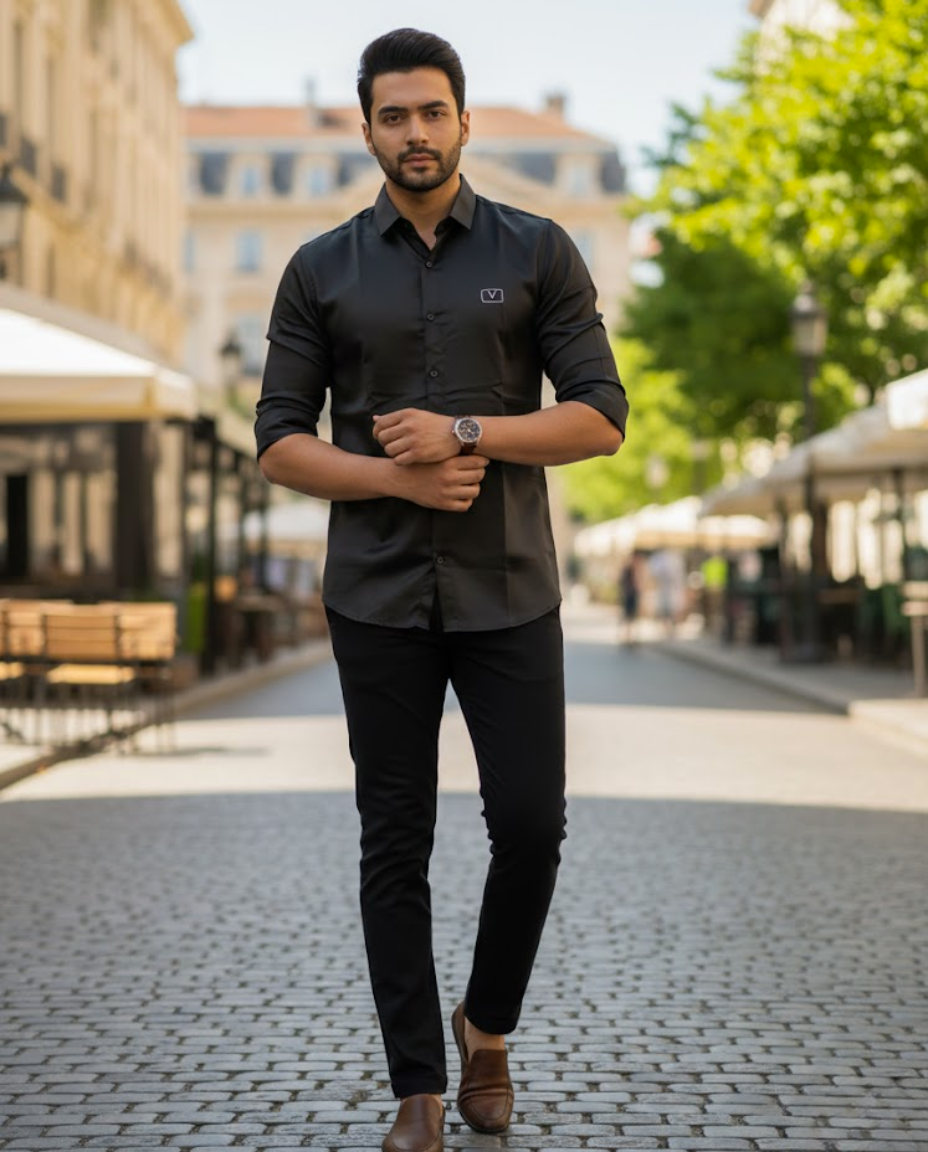 Men’s Black Satin Solid Shirt with Premium Sheen