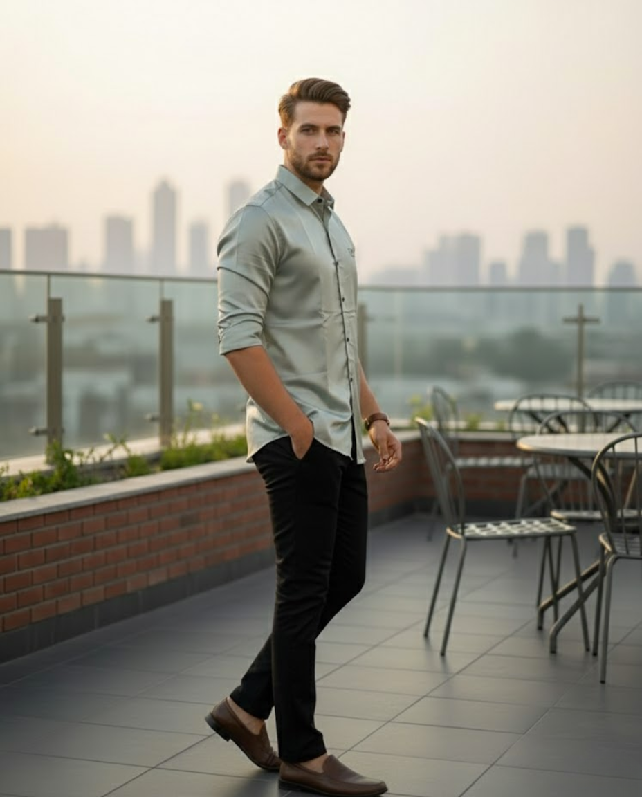 Men’s Sage Green Satin Shirt with Luxe Sheen