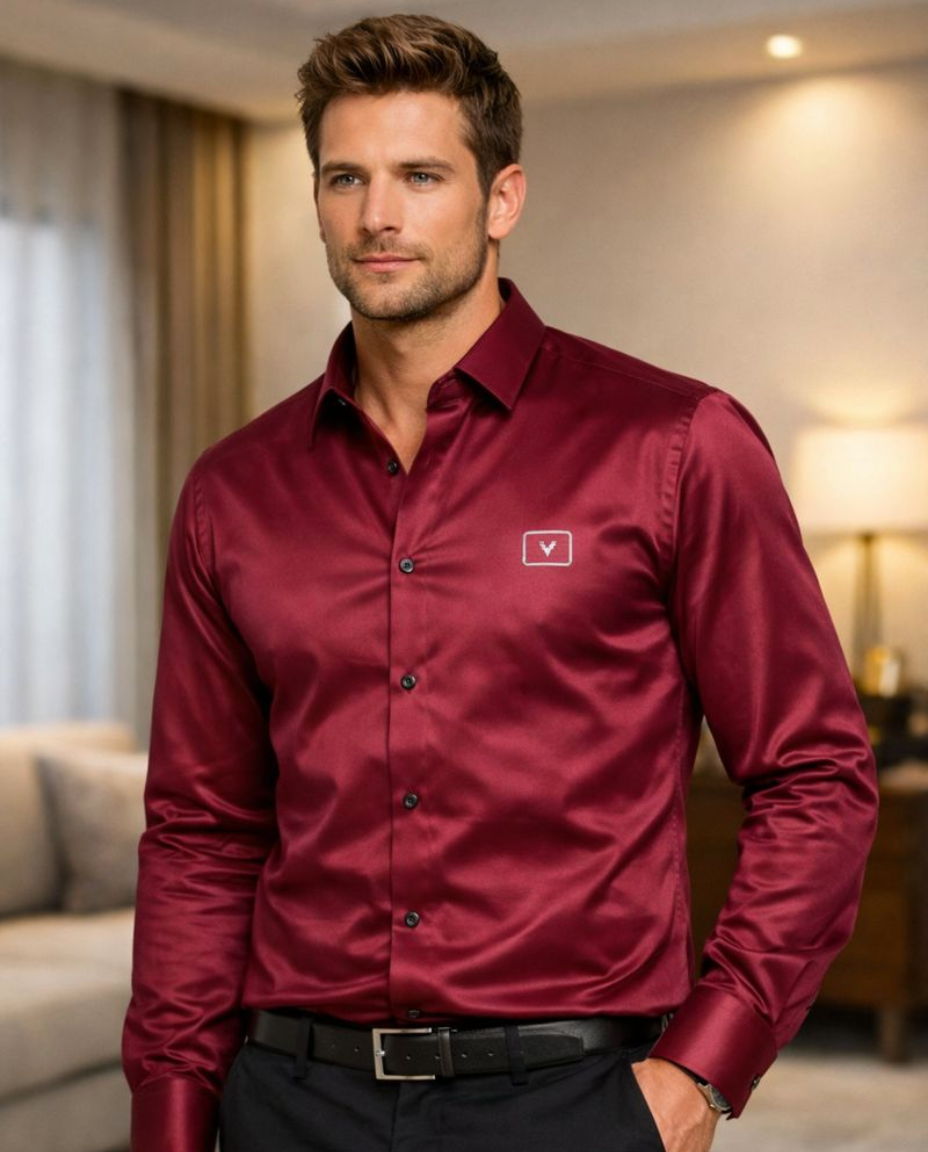 Men’s Wine Satin Shirt with Premium Gloss Finish