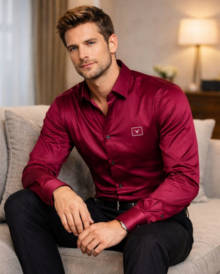 Men’s Wine Satin Shirt with Premium Gloss Finish