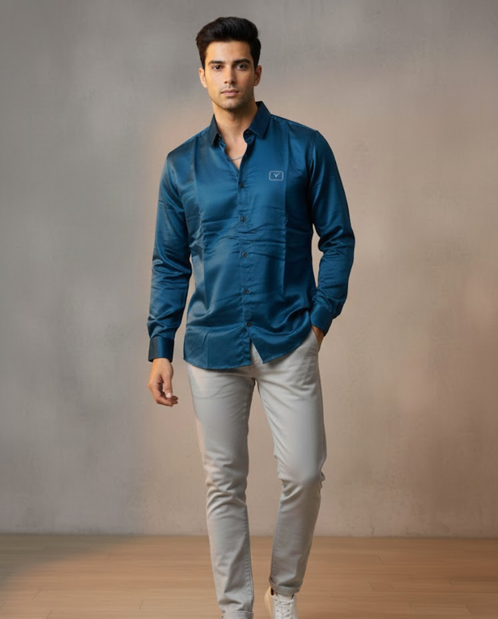 Men’s Teal Blue & Sage Green Satin Shirt Combo – Premium Party & Evening Wear (Pack of 2)