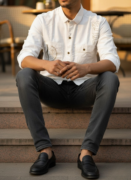 Men’s Double Pocket White Cotton Stylish Casual Shirt