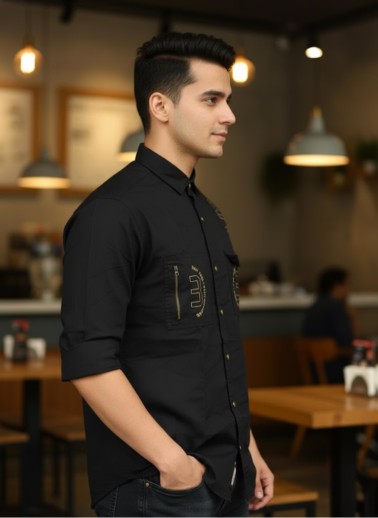 Men’s Double Pocket Black Cotton Stylish Casual Shirt