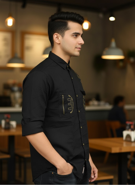 Men’s Double Pocket Black Cotton Stylish Casual Shirt