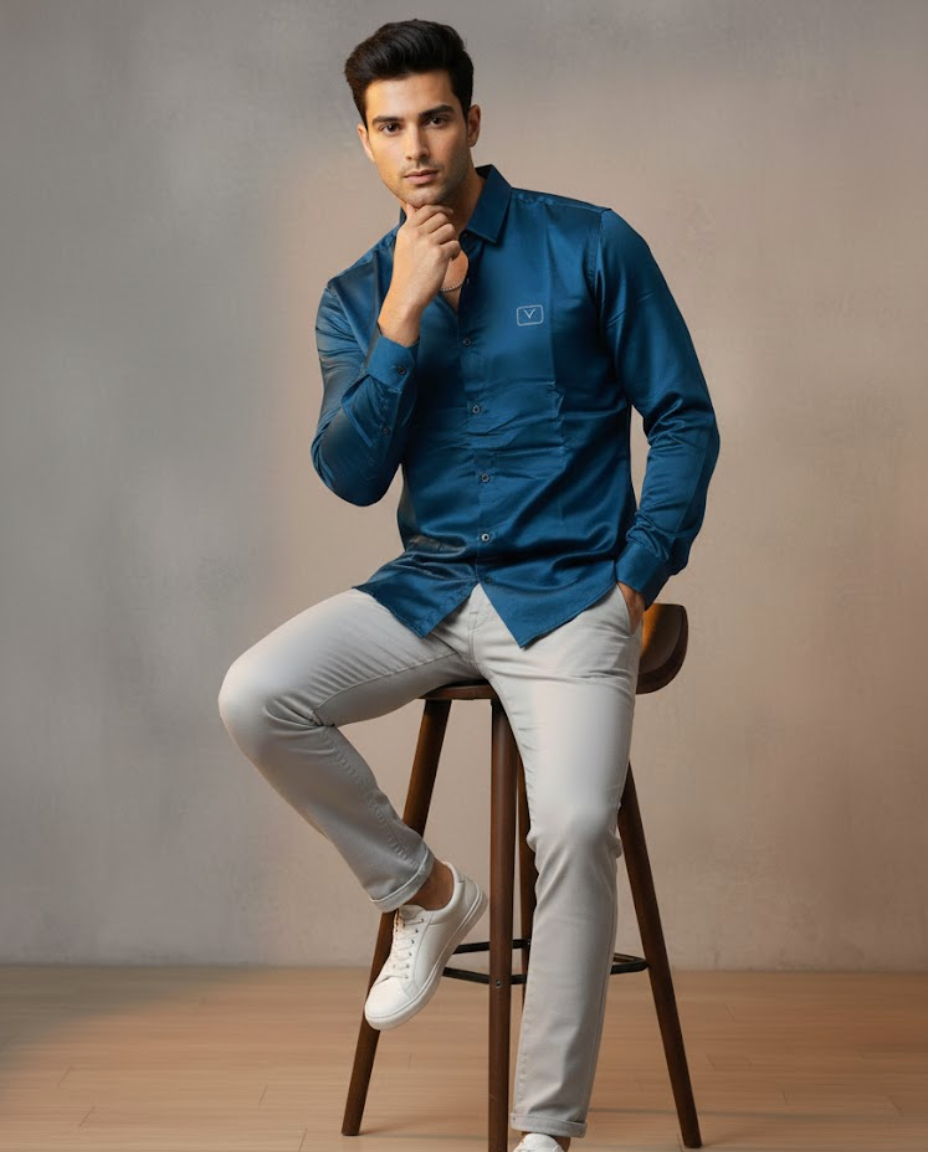 Men’s Deep Teal Satin Shirt with Luxe Evening Finish