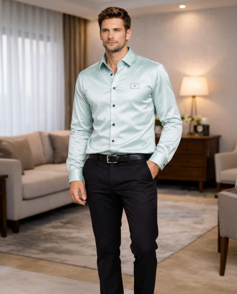 Men’s Mint Green Satin Solid Shirt with Elegant Sheen