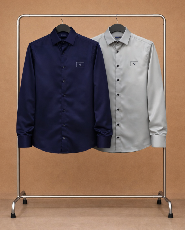 Men’s Navy Blue & Light Grey Satin Shirt Combo