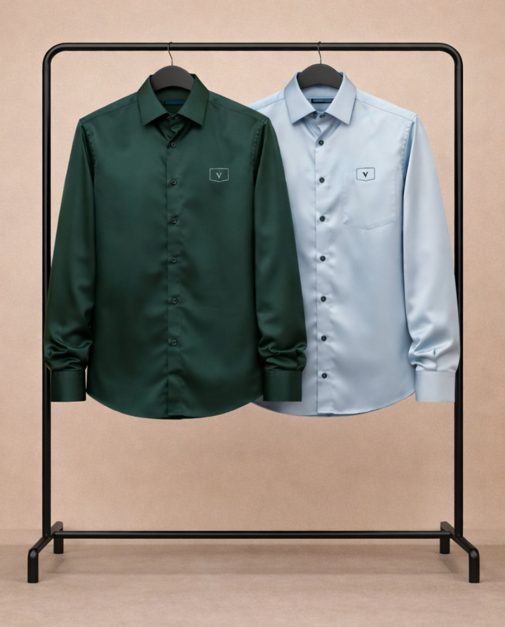 Men’s Premium Satin Shirt Combo – Deep Green & Ice Blue