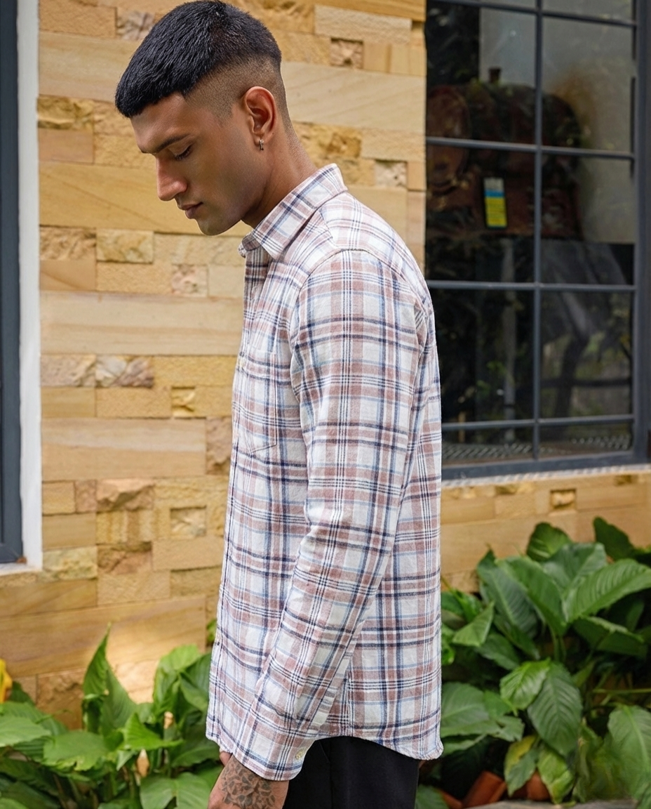 Men’s Beige Plaid Shirt – Premium Checked Shirt with Tailored Finish