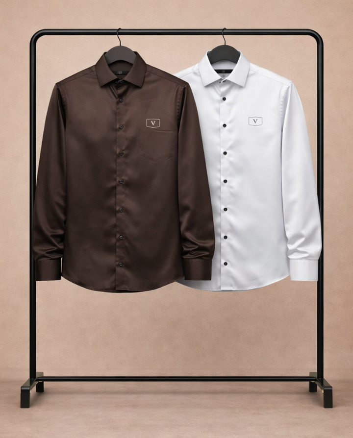 Men’s Chocolate Brown & Classic White Satin Shirt Combo