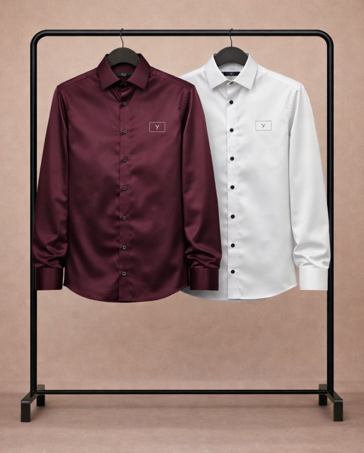 Men’s Luxury Satin Shirt Combo – Maroon & Classic White