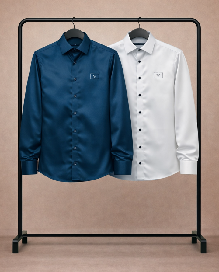 Men’s Luxury Satin Shirt Combo – Navy Blue & Classic White