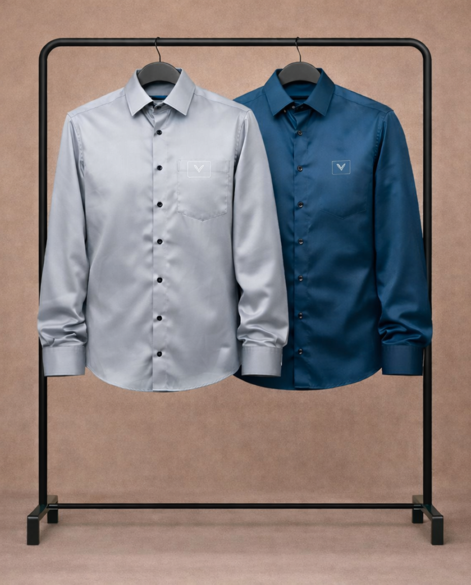 Men’s Premium Satin Shirt Combo – Silver Grey & Teal Blue