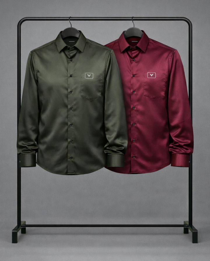Men’s Olive Green & Wine Red Satin Shirt Combo – Premium Evening & Party Wear (Pack of 2)
