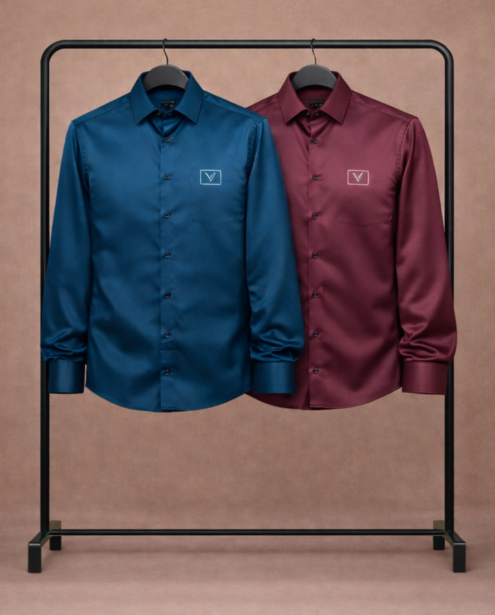 Signature Satin Shirt Combo – Teal Blue & Wine Maroon Refined Duo