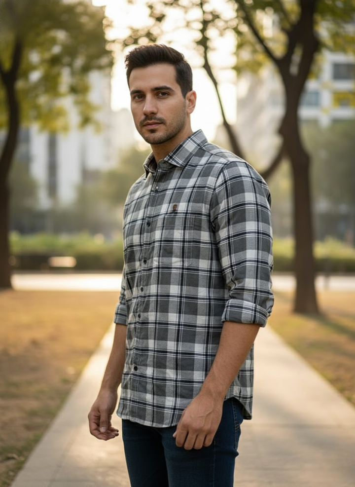 Men’s Grey Check Cotton Shirt – City Casual Edition