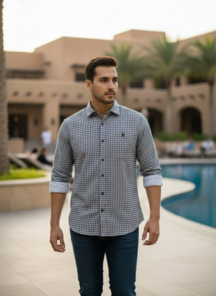 Men’s White Grey Micro Check Shirt – Premium Resort Edition