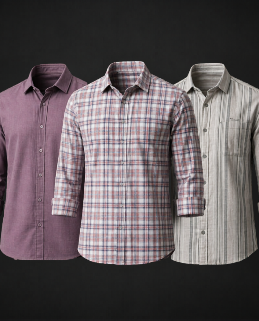 Men’s Stylish Shirt Combo-Solid, Check & Stripe