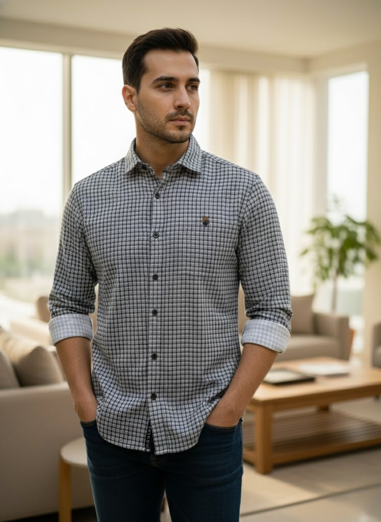 Men’s White Grey Micro Check Shirt – Premium Resort Edition