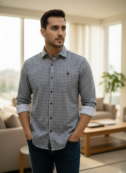 Men’s White Grey Micro Check Shirt – Premium Resort Edition